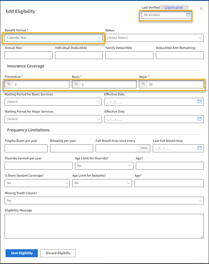 Edit Eligibility Window with yellow highlight boxes around the required fields.